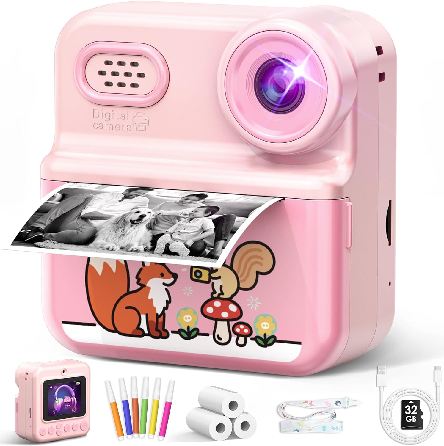 Children's Instant Camera 1080P HD 2.4 Inch Double Lens Instant Camera Children with 32GB Card and 3 Rolls of Printing Paper Children's Toy Gifts for Boys Girls 3-12 Years - Pink