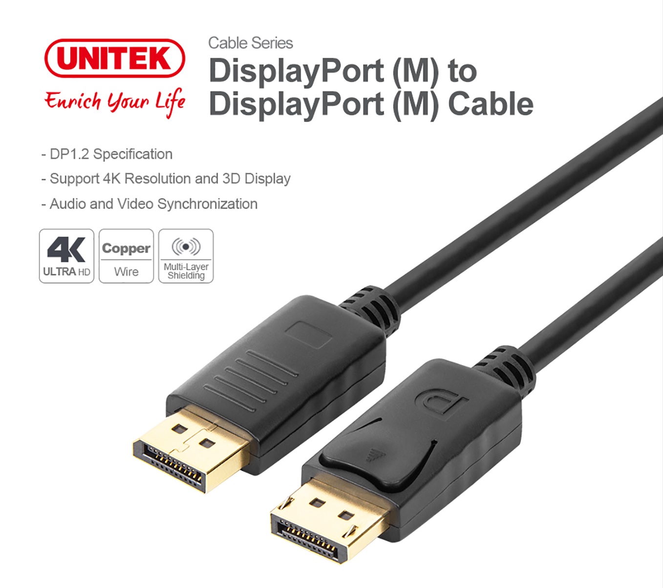 Unitek Y-C607BK DisplayPort 1.2 Cable 4K60Hz 1.5m