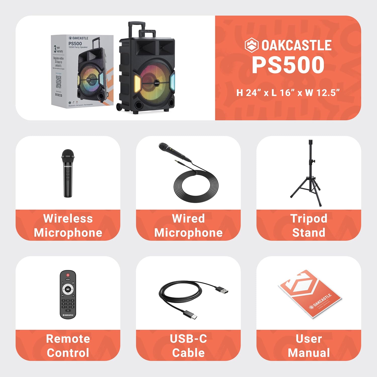 Majority Speakers Portable Karaoke PS500 150W 2xMic + Tripod (Oakcastle) UK