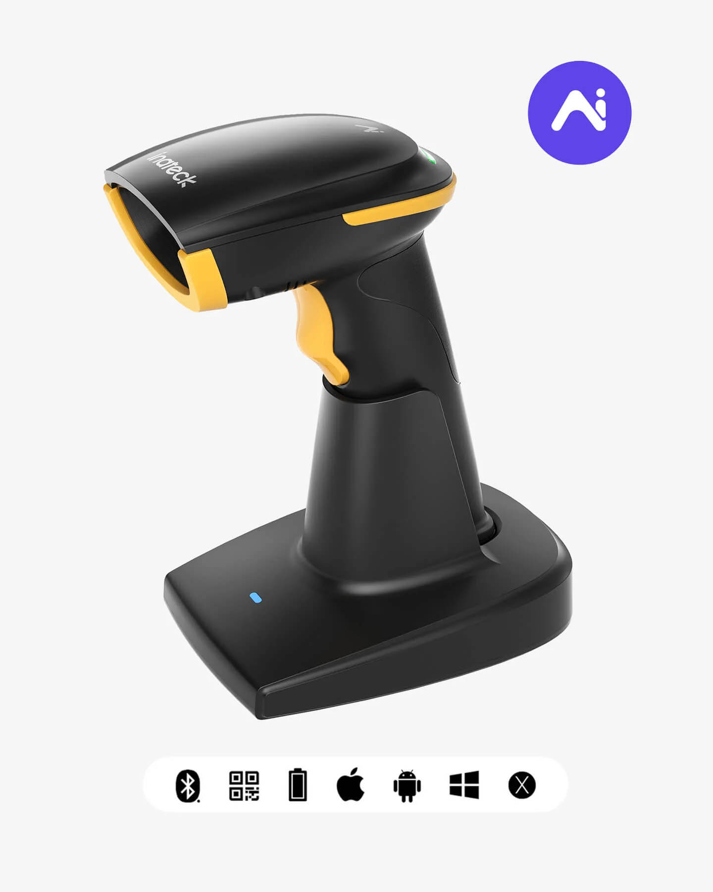 Inatech Barcode Scanner CMOS 1D/2D Wireless 2.4GHz/Bluetooth USB-A 2600mAh Charging Base AI BCST-36 Black