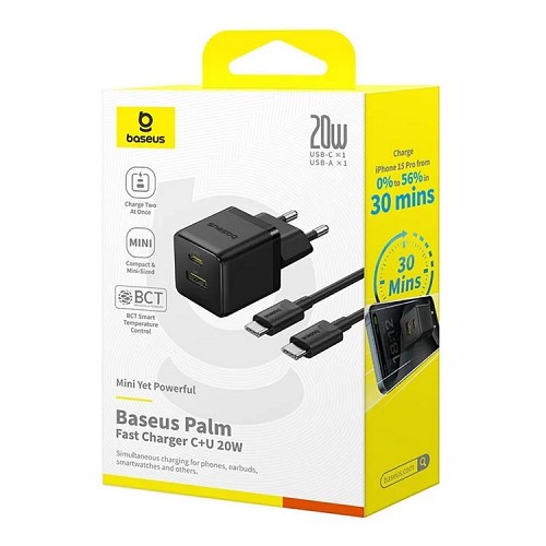 Baseus Charger Wall 20W USB-C/USB-A PALM Series EU Black