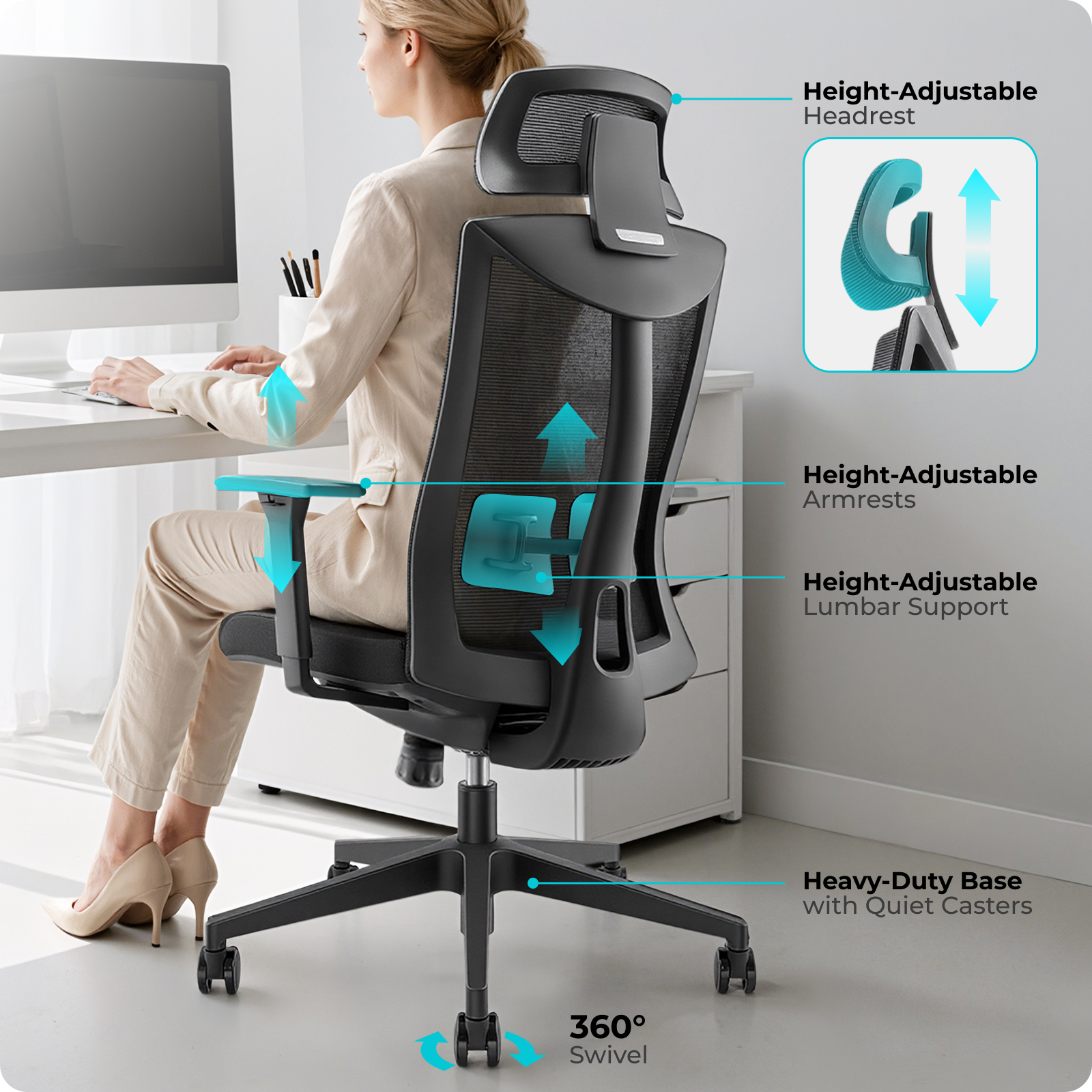 Lumivida Office Chair Ergonomic Mesh Lumbar Support Adjustable Seat/Armrest/Headrest Black CH05-8