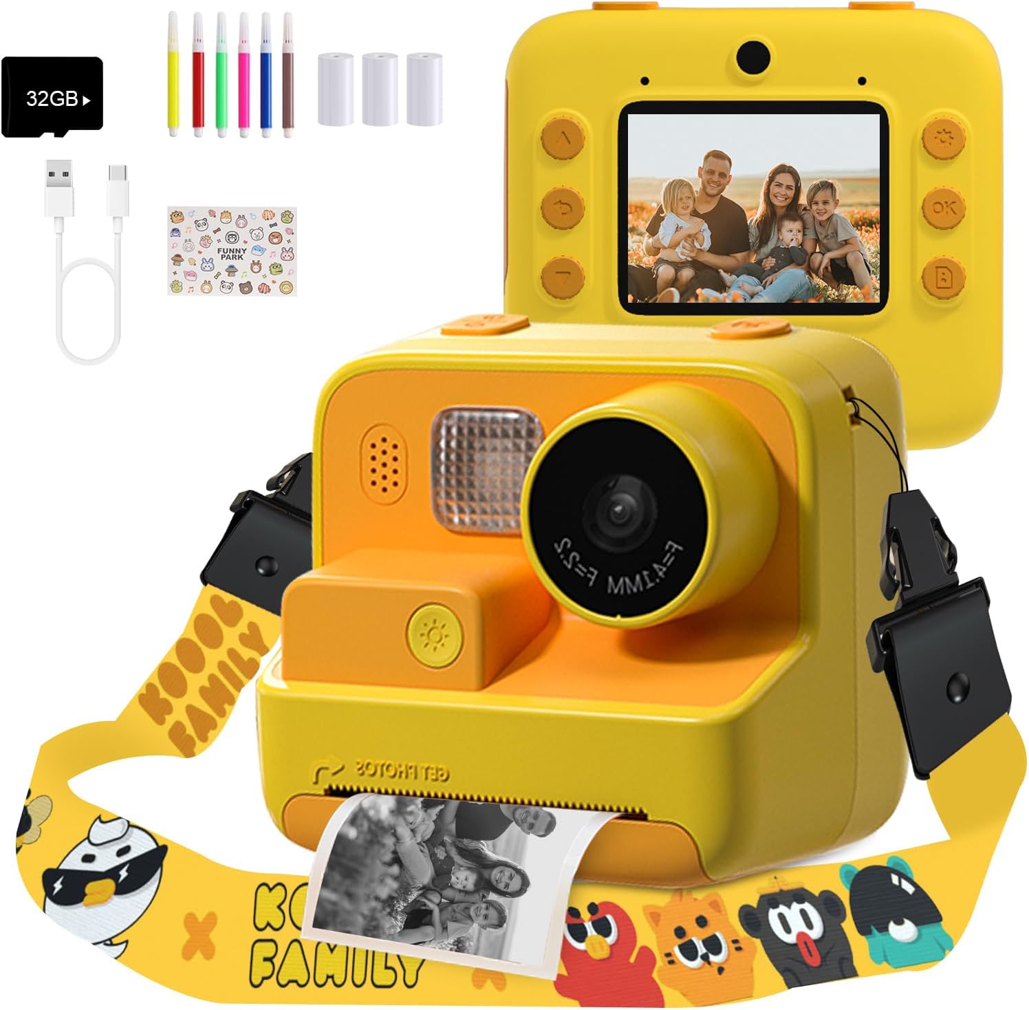 Kids Instant Camera with Printing Paper & 32G TF Card, Gift for Children 3-12 Years - Yellow