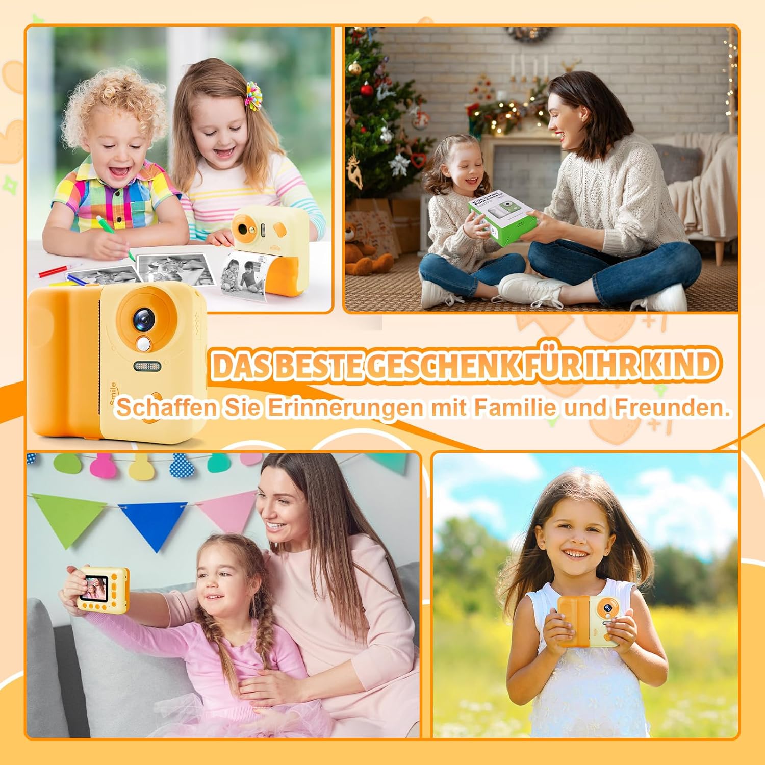 Instant Camera 1080P, 2.4 Inch Children's Camera, Instant Print with 64G Card & 3 Rolls of Printing Paper, Perfect for Children 3-12 Years