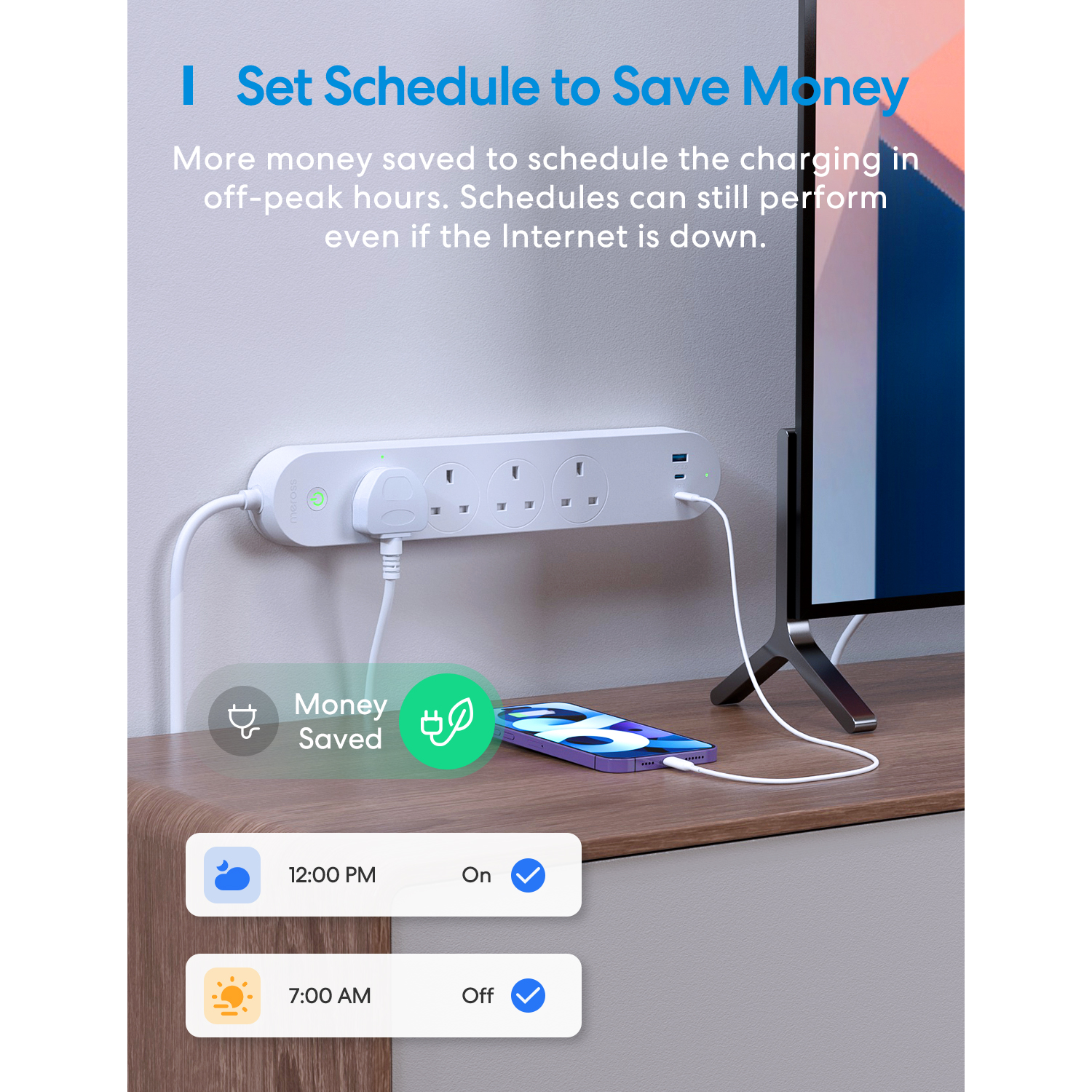 Meross Smart WiFi Powerstrip 4x AC sockets 1xUSB-A 2xUSB-C 65W 1.8m MSP843PHK-UK