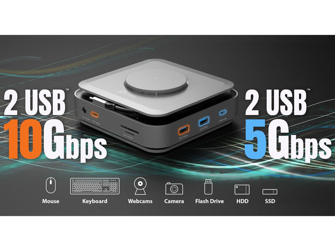 j5create Dock USB-C Dual Display 4K MST MacBookM3 HDMI/RJ45/SD/USB/PD + Wireless Charger + 140W PSU UK JCD3199P