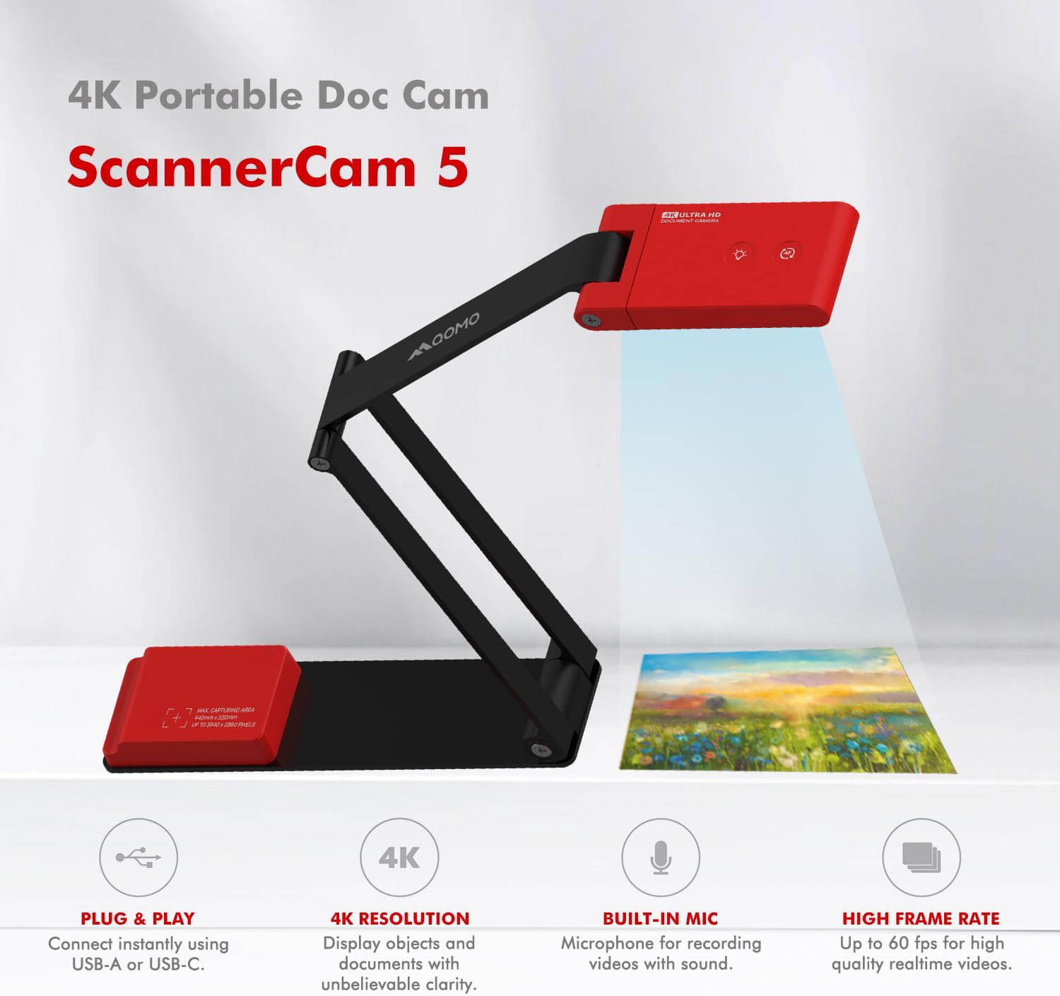 QOMO ScannerCam5 Document Camera 4K Foldable USB-C/A with Microphone QPC5
