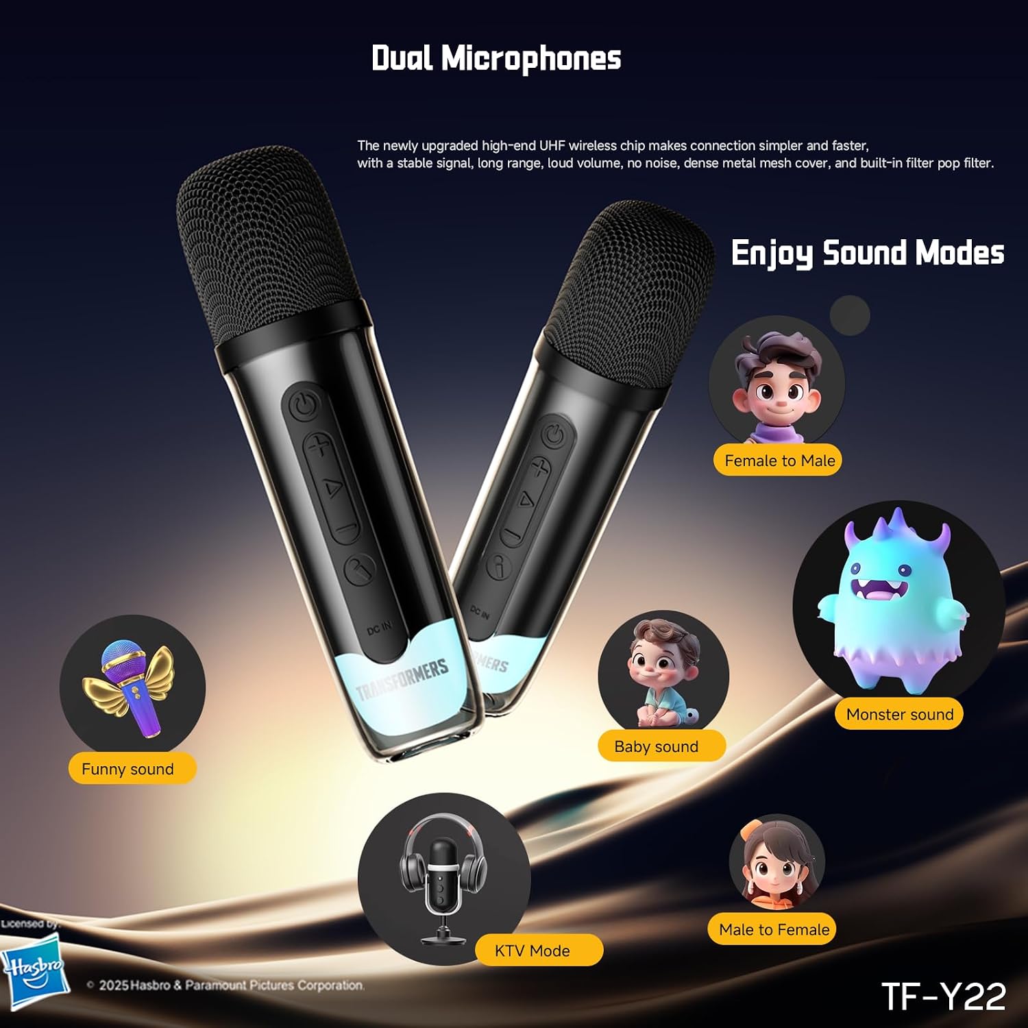 Transformers Portable BT Speaker 15W, Party Speaker with 2 Wireless Microphones, Bluetooth 5.4, LED Display, Voice Changer, USB/TF, Y22 Black