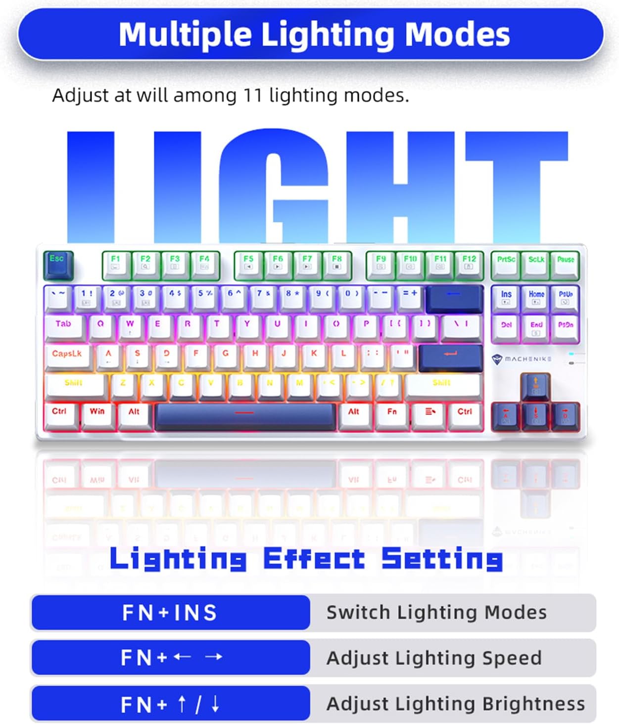Machenike K500-B87 White/Blue Wired Gaming Keyboard 87 Blue Switch Keys