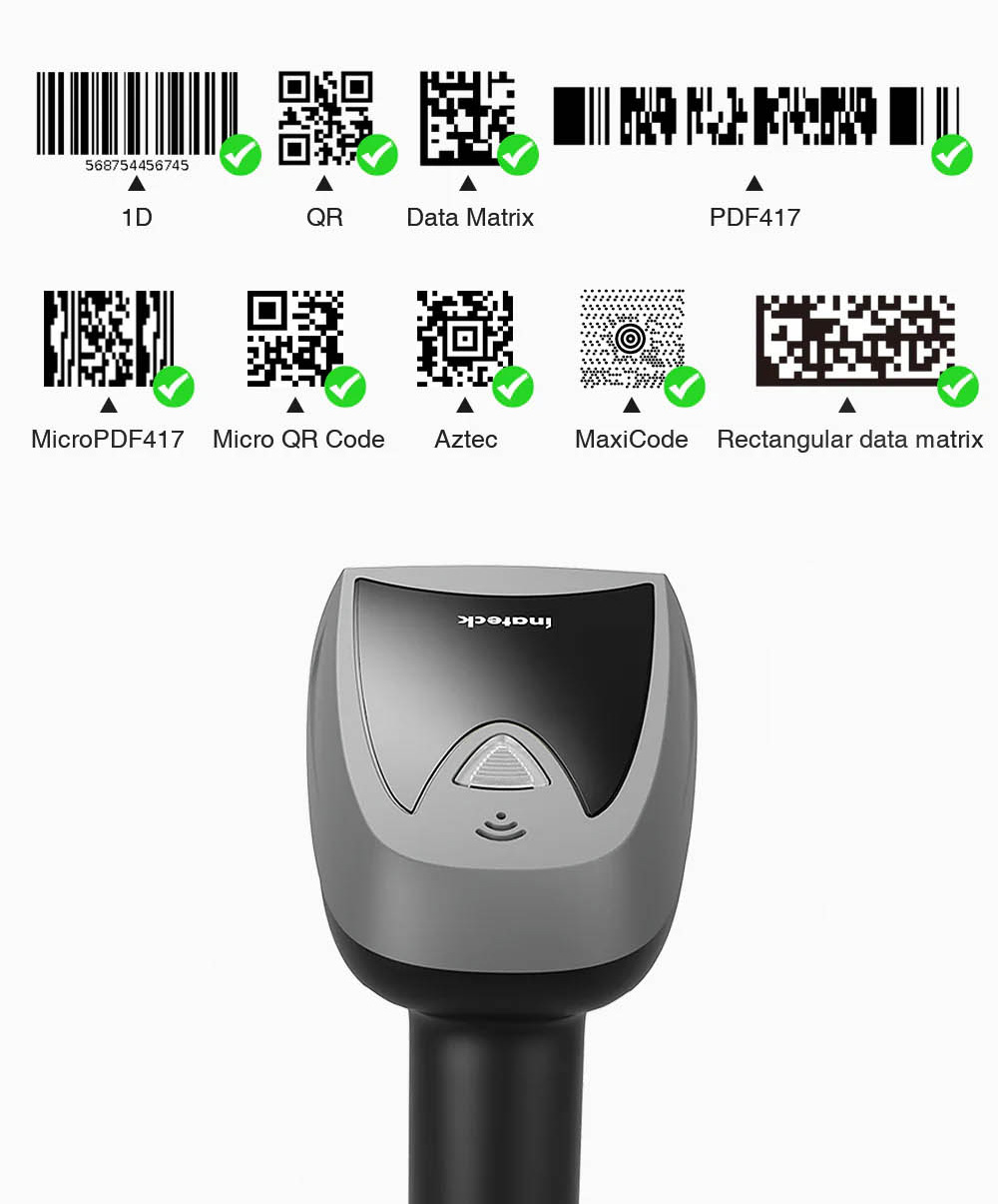 Inatech Barcode Scanner 1D/2D Wireless 2.4GHz/Bluetooth USB-A 2000mAh Smart Charging Base Hands Free Scanning BCST-52