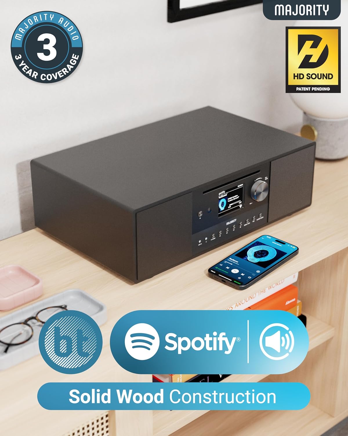 Majority QUADRIGA 2.1 Mini HiFi 120W CD-BT-USB-FM Internet-Radio 6'' Subwoofer Black