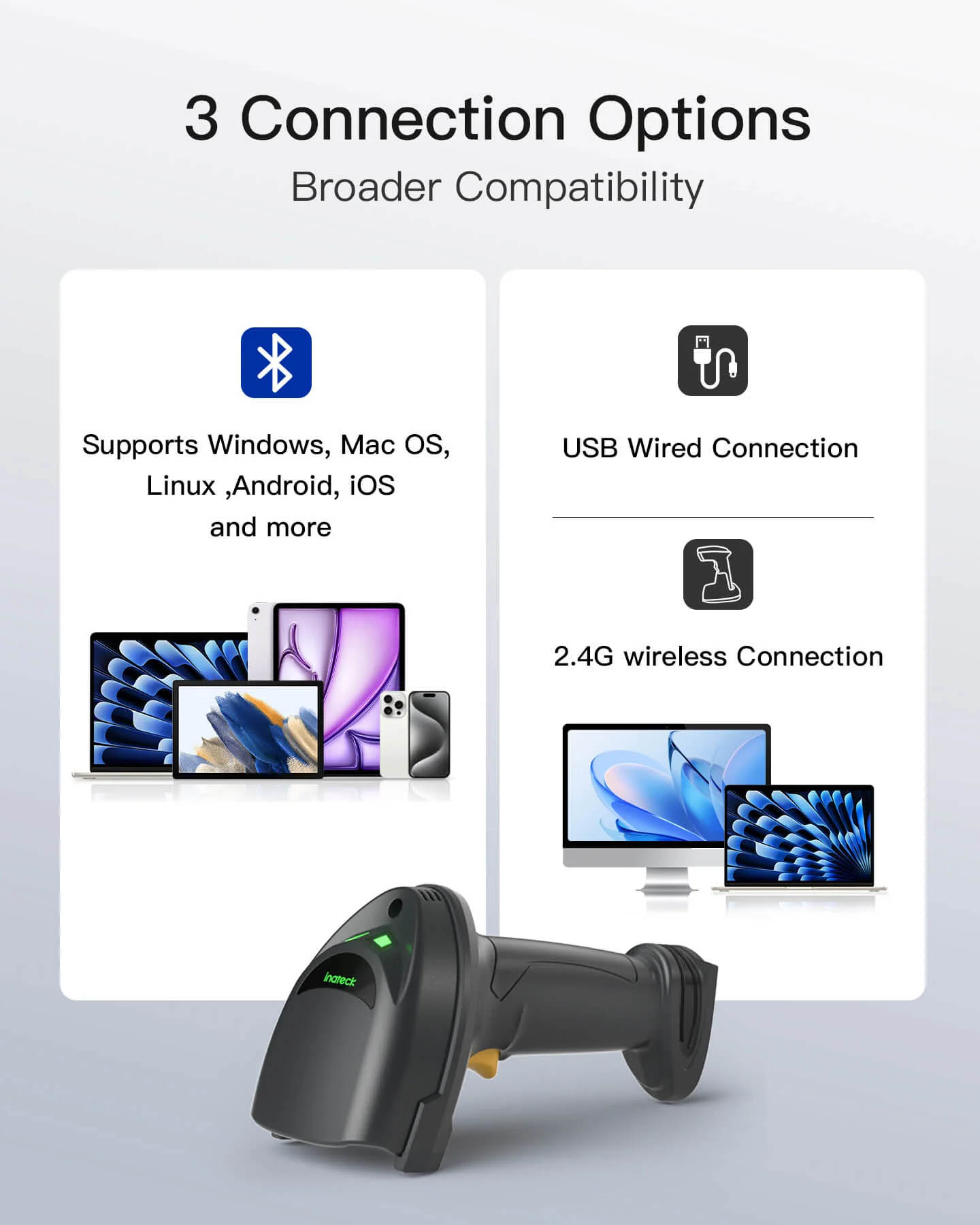 Inatech Barcode Scanner CMOS 1D/2D Wireless 2.4GHz/Bluetooth USB-A 2600mAh Smart Charging Base BCST-560B Dark Gray