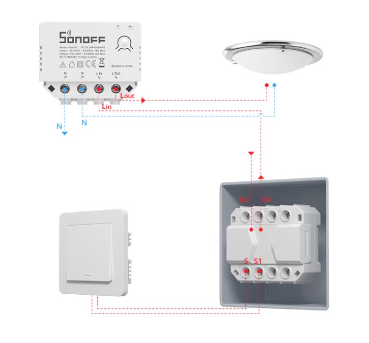 Sonoff S-Mate 16A Wifi Smart Switch (no neutral,aller retour)
