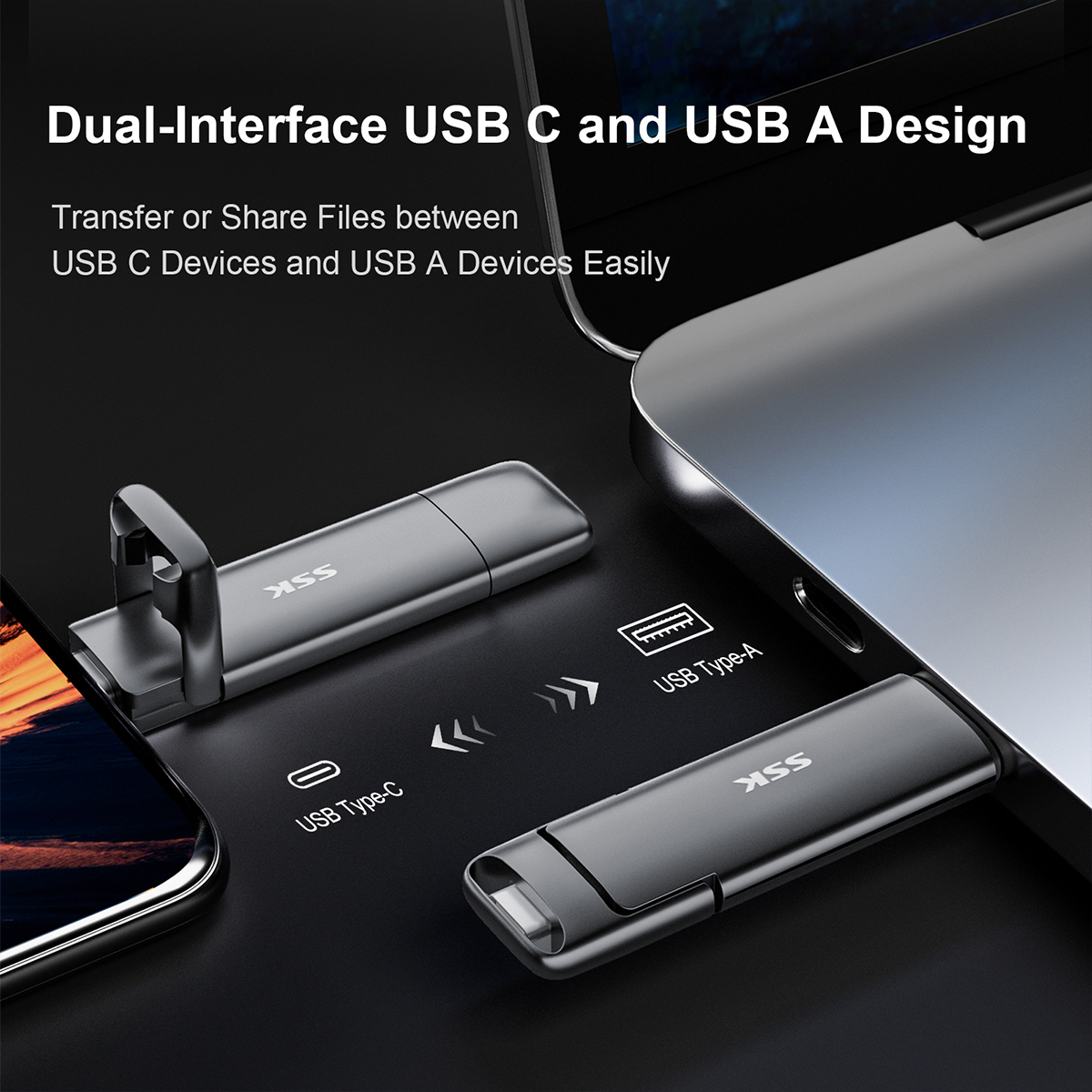 SSK USB C External SSD 256GB with Up to 550MB/s