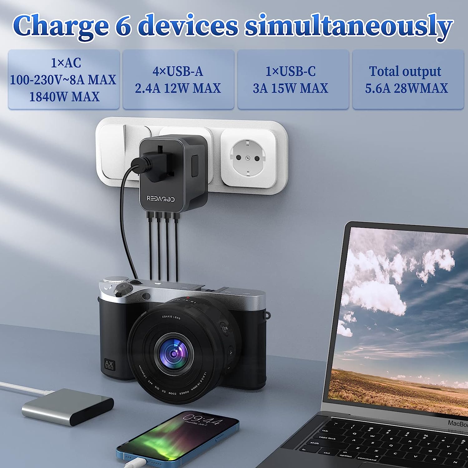 Travel Adapter Worldwide 224+ Countries 5.6A Fast Charge Universal Travel Adapter (4 USB  & 1 USB C)