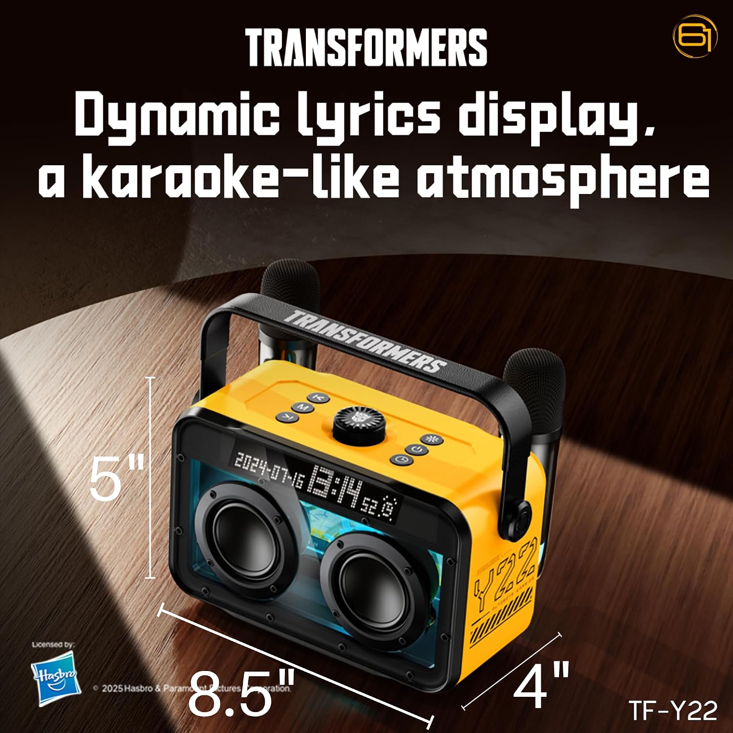 Transformers Portable BT Speaker 15W, Party Speaker with 2 Wireless Microphones, Bluetooth 5.4, LED Display, Voice Changer, USB/TF, Y22 Yellow