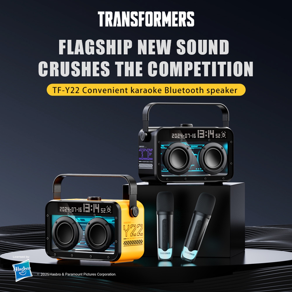 Transformers Portable BT Speaker 15W, Party Speaker with 2 Wireless Microphones, Bluetooth 5.4, LED Display, Voice Changer, USB/TF, Y22 Black