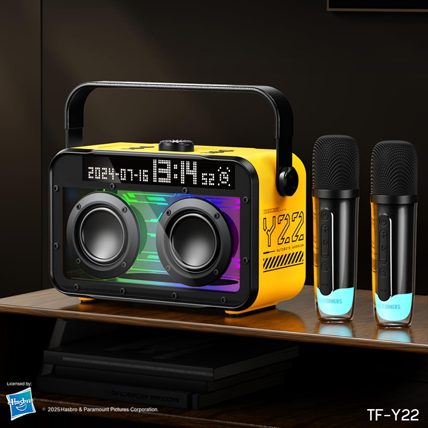 Transformers Portable BT Speaker 15W, Party Speaker with 2 Wireless Microphones, Bluetooth 5.4, LED Display, Voice Changer, USB/TF, Y22 Yellow