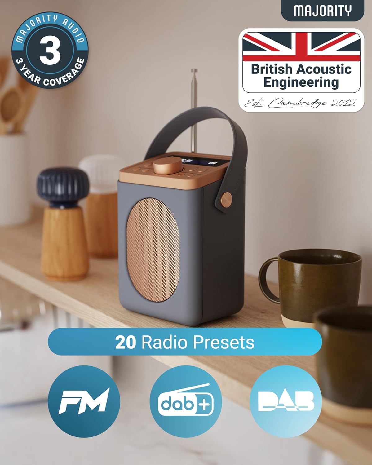 Majority Radio Portable FM,BT,Alarm & Sleep Timer Little Shelford White/Grey