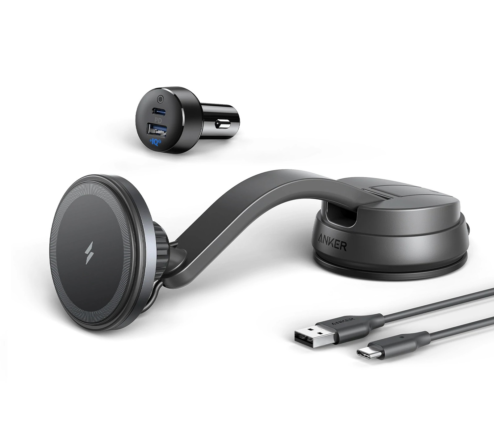 Anker PowerWave Mag-Go Car Wireless Charging Kit with 2-Port Car Charger & USB-C to USB-A 1.5m Cable