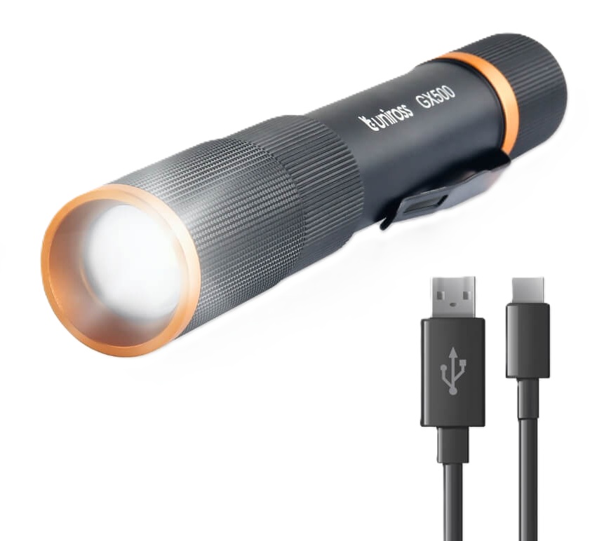 Uniross GX500 USB Rechargeable Torch IP44 Waterproof Aluminium 1000 lumens 140m Beam 120hrs Battery
