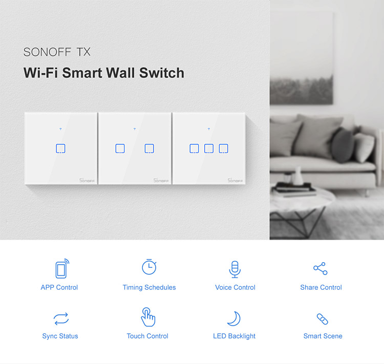 Sonoff T2 UK 3C WiFi Smart Wall Touch Switch White