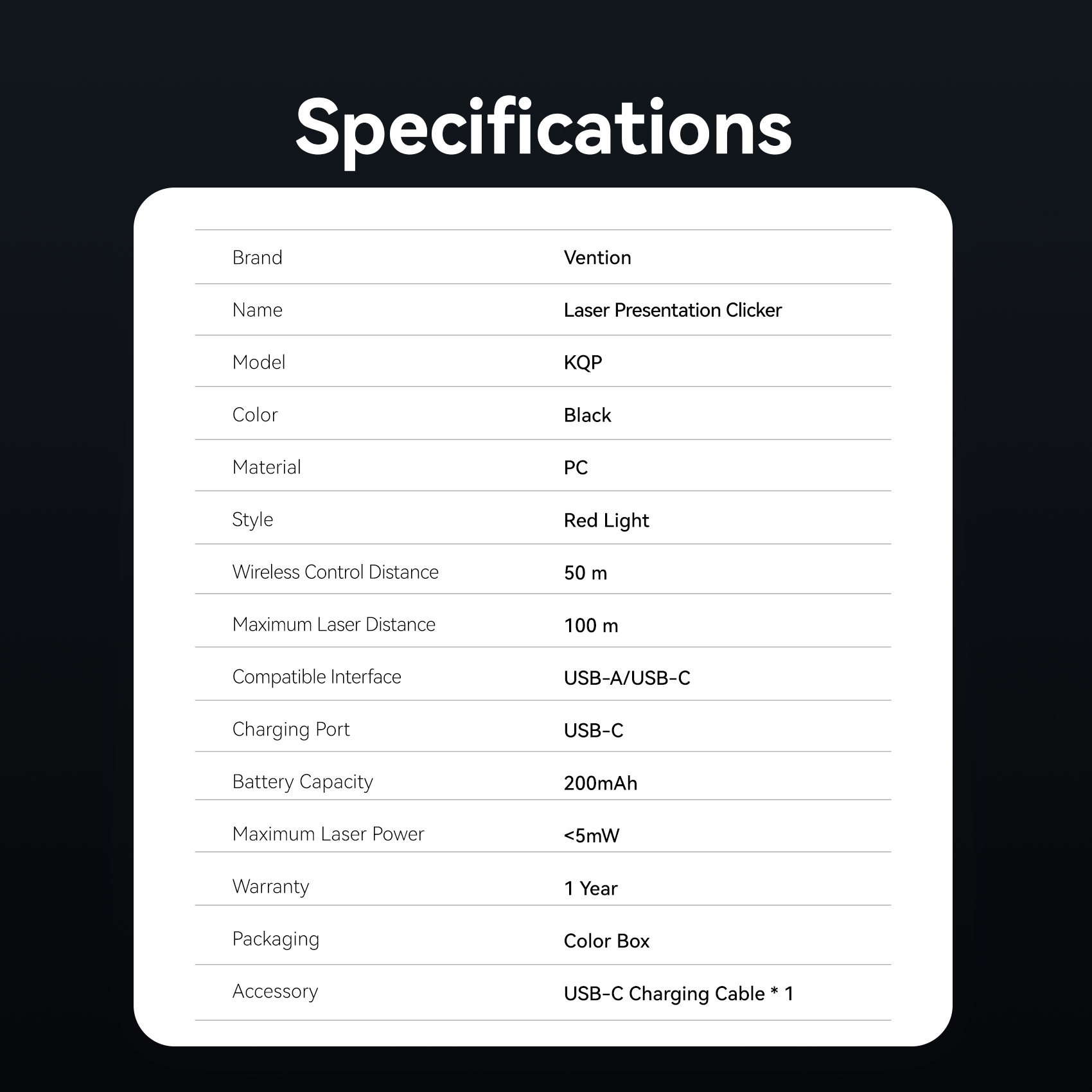 Vention Wireless Presenter Red Laser Pointer & Air Mouse Rechargeable KQPB0