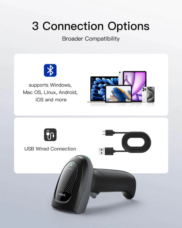 Inatech Barcode Scanner 1D/2D Wireless 2.4GHz/Bluetooth USB-A 2000mAh Charging Base Dual Battery Megapixel Scanning Pro170B