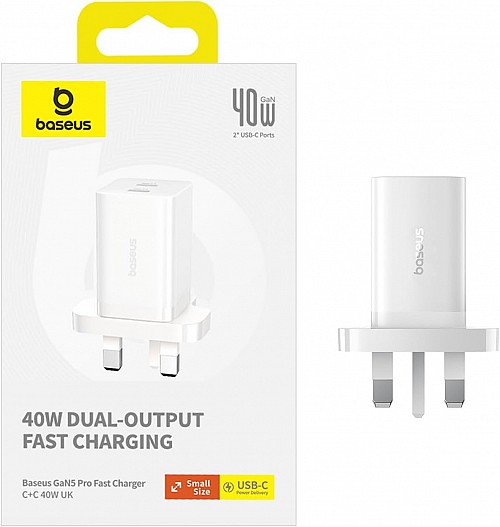 Baseus Charger Wall 40W USB-Cx2 UK MINI GaN5 White