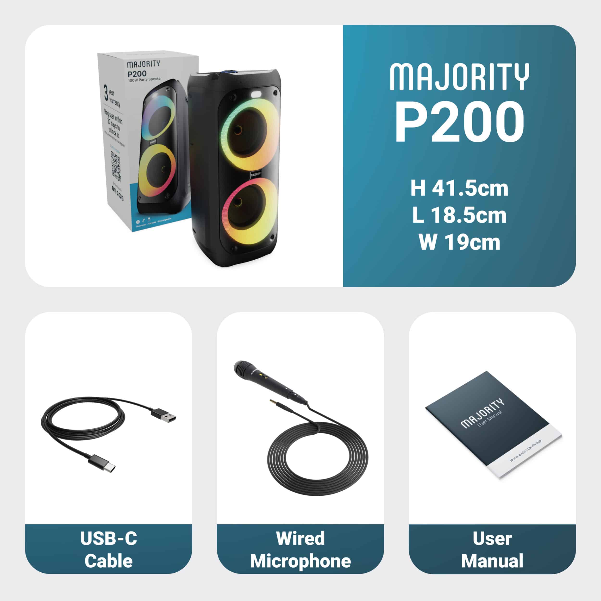 Majority Speakers Portable Karaoke P200 100W Wire Mic BT/USB/RGB UK