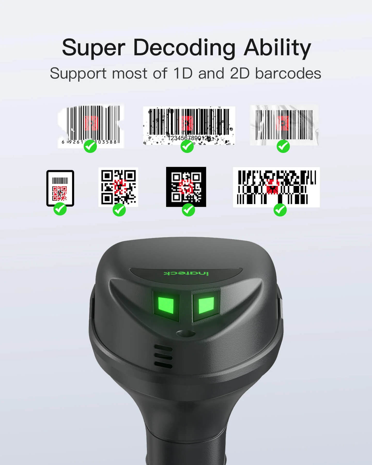 Inatech Barcode Scanner CMOS 1D/2D Wireless 2.4GHz/Bluetooth USB-A 2600mAh Smart Charging Base BCST-560B Dark Gray