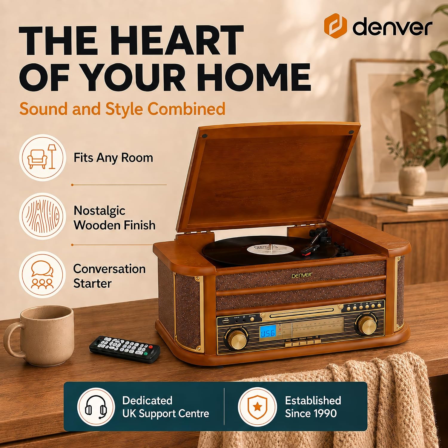 Denver AUDIO HiFi System with Turntable, CD, Cassette, FM & USB MCR-50MK3 Brown Wood