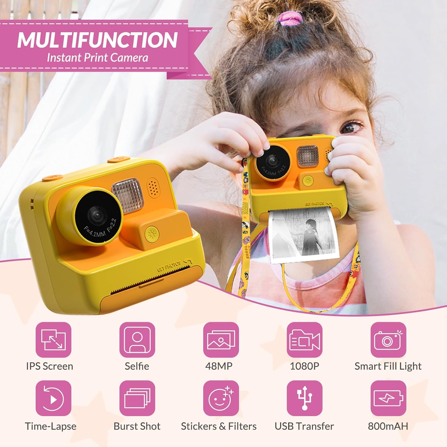 Kids Instant Camera with Printing Paper & 32G TF Card, Gift for Children 3-12 Years - Yellow