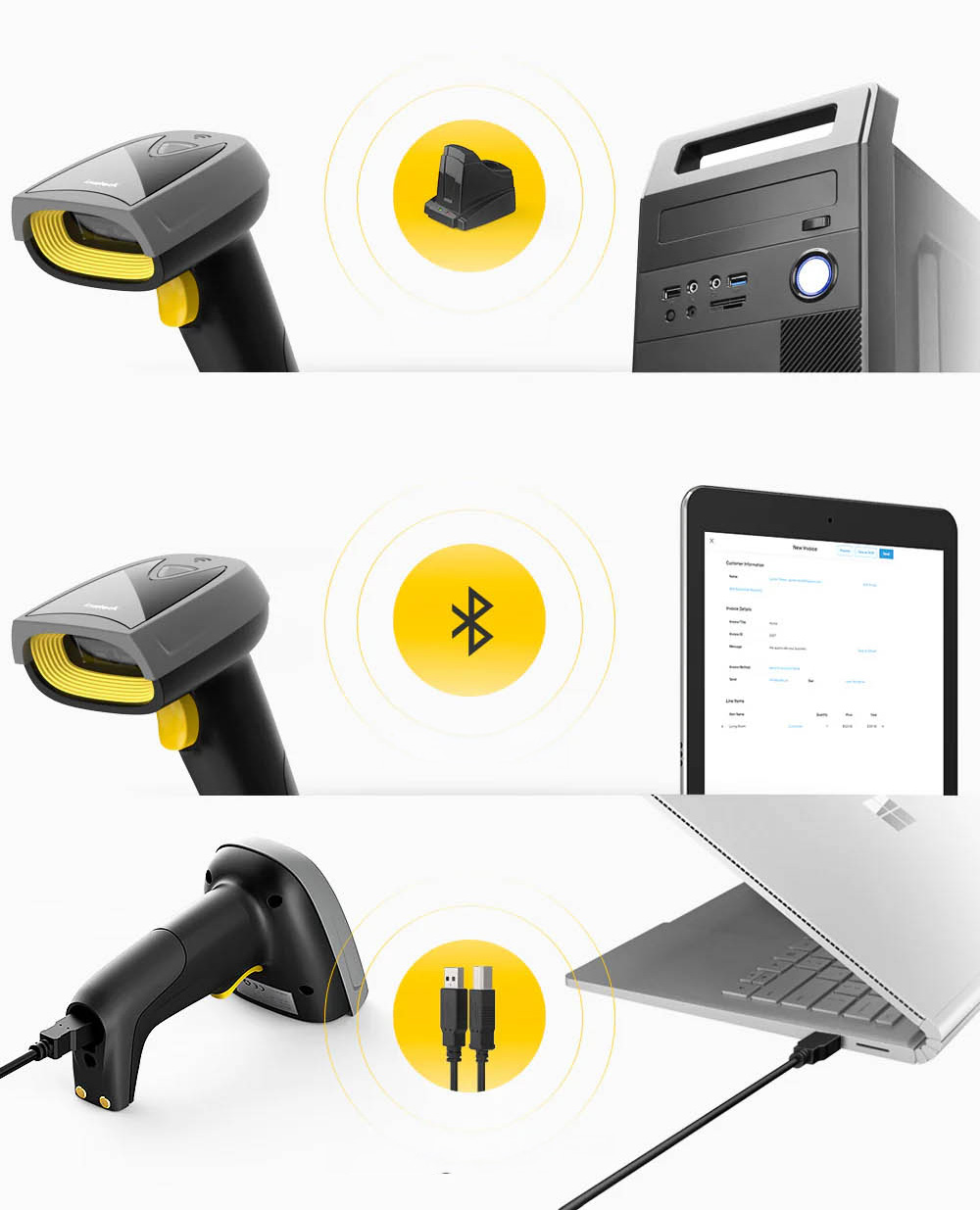 Inatech Barcode Scanner 1D/2D Wireless 2.4GHz/Bluetooth USB-A 2000mAh Smart Charging Base Hands Free Scanning BCST-52