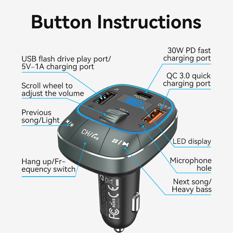 Vention Car FM Transmitter, USB Music Player & Charger 3xUSB 30W/18W/5W FFLB0