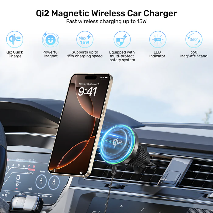 Unitek Charge Car Wireless Qi2 Magnetic 15W & AirVent Mount P1404A