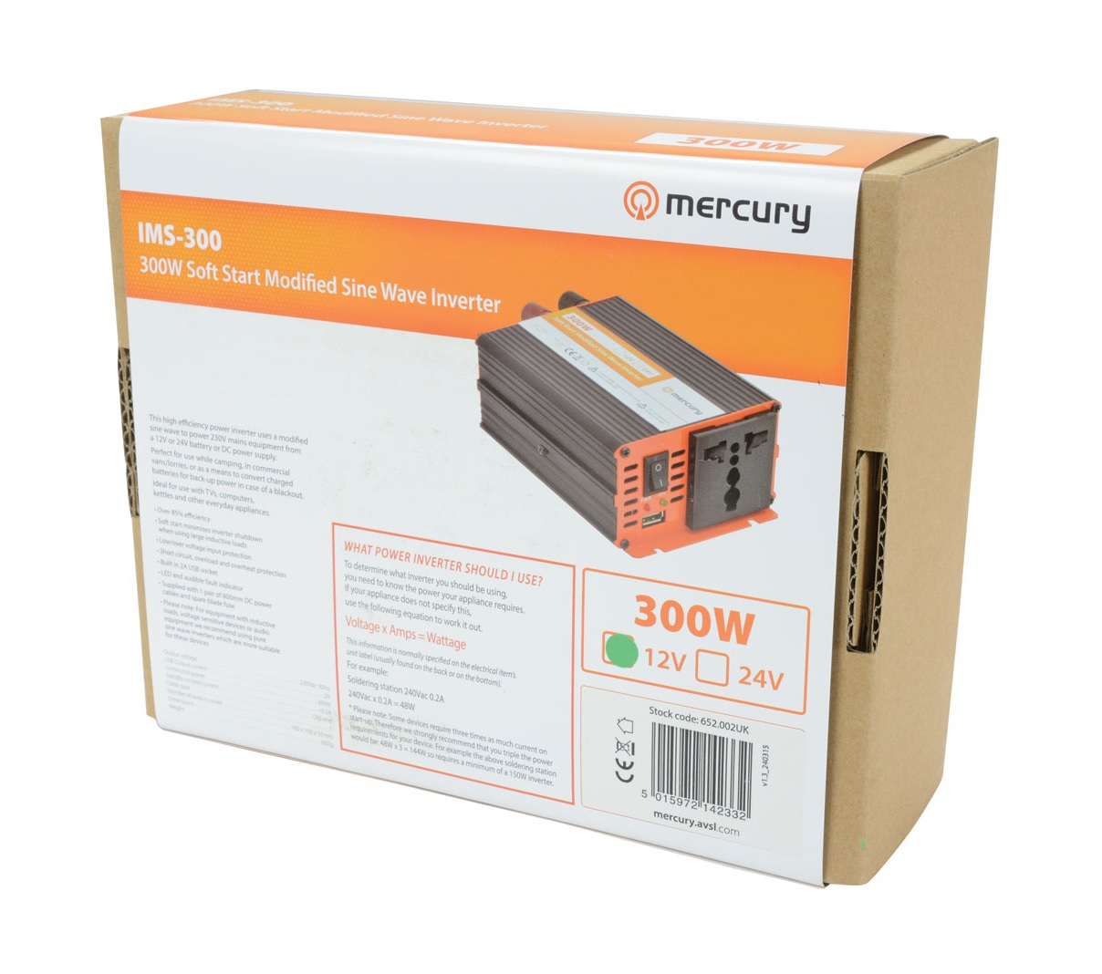 Mercury IMS300-12 12VDC 300W Inverter + USB 652.002UK