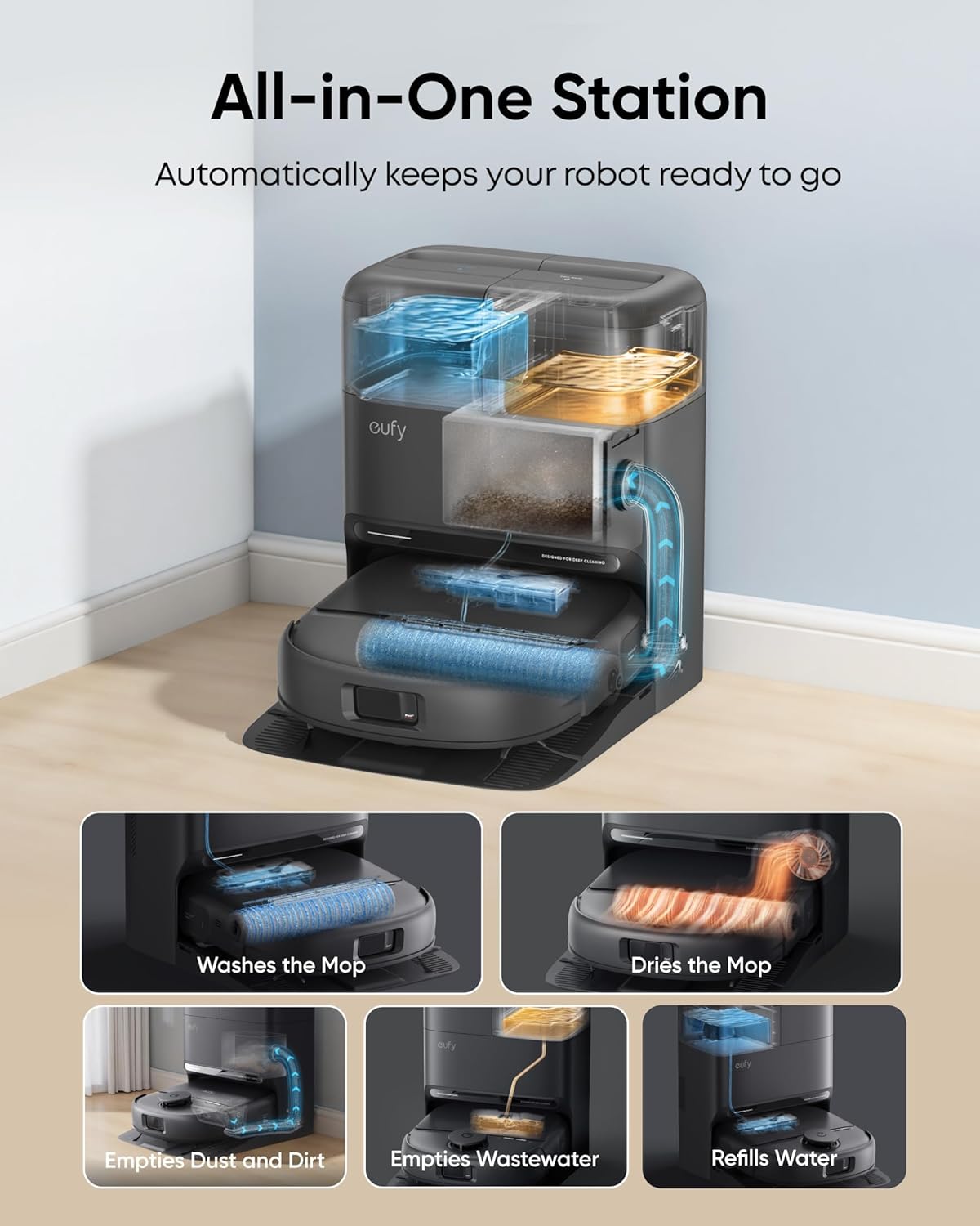 Anker Eufy Robot Vacuum Omni C28 15000Pa Suction, All-in-One Station, Tangle-Free for Pet Hair, AI Obstacle Avoidance, LiDAR Navigation