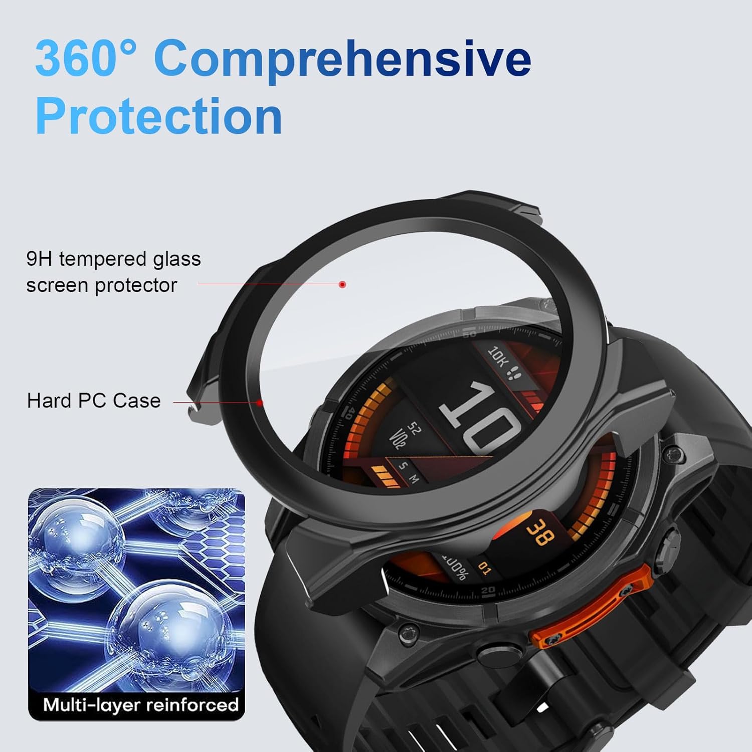 Hard Case with Screen Protector Compatible with Garmin Fenix 8 47 mm, Pack of 2, Full Protection, Scratch-Resistant PC Protective Case, Black and Transparent