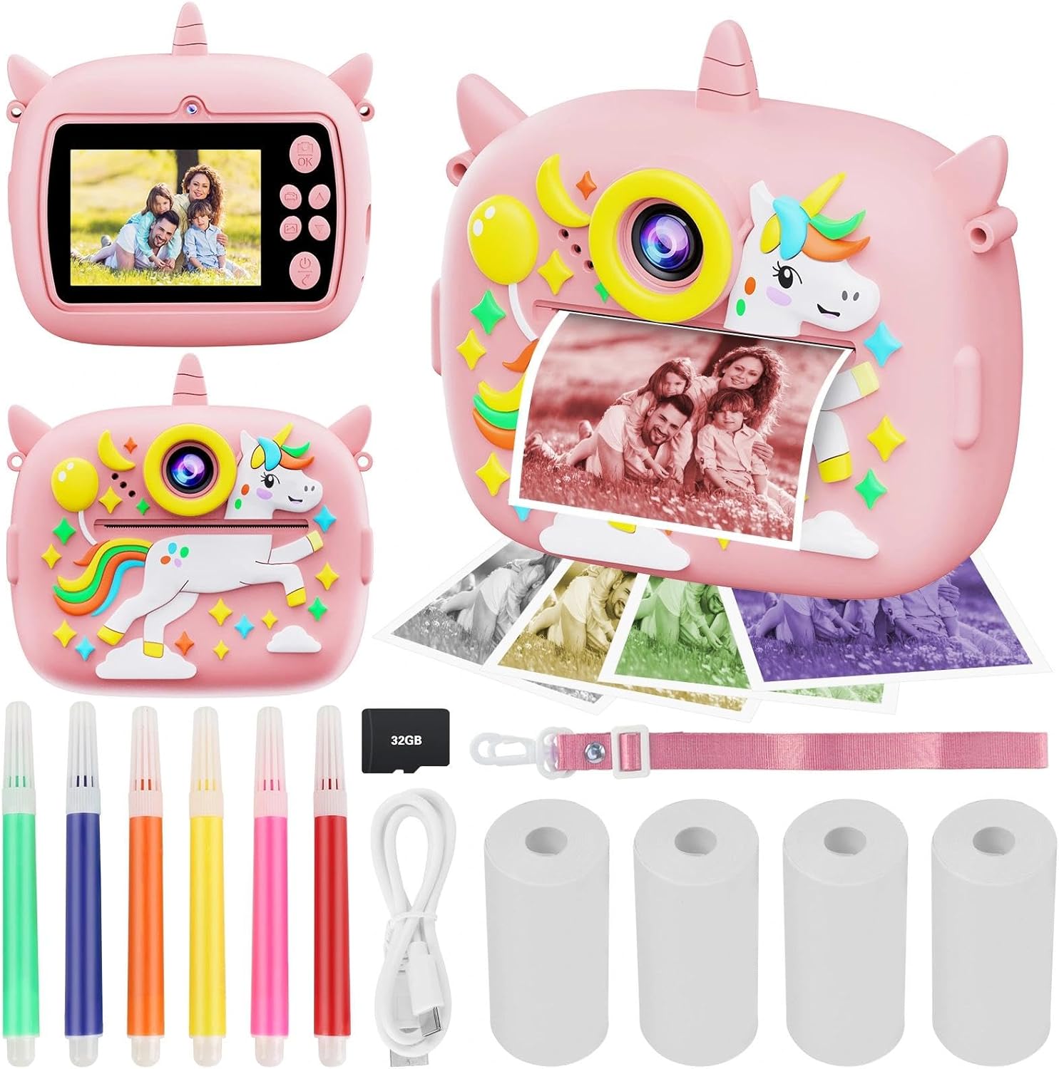 Kids Instant Camera with Printing Paper & 32G TF Card, Gift for Children 3-12 Years - Pink