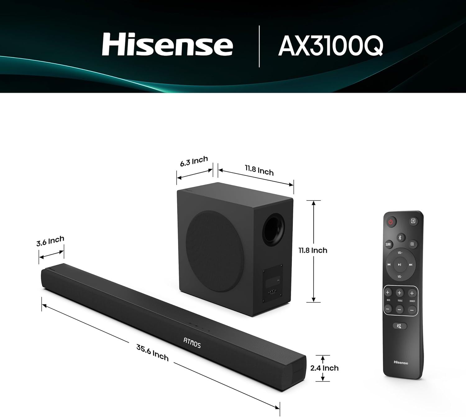 Hisense SoundbarAX3100Q ,3.1Ch, 500W with Wireless Subwoofer, Dolby Atmos