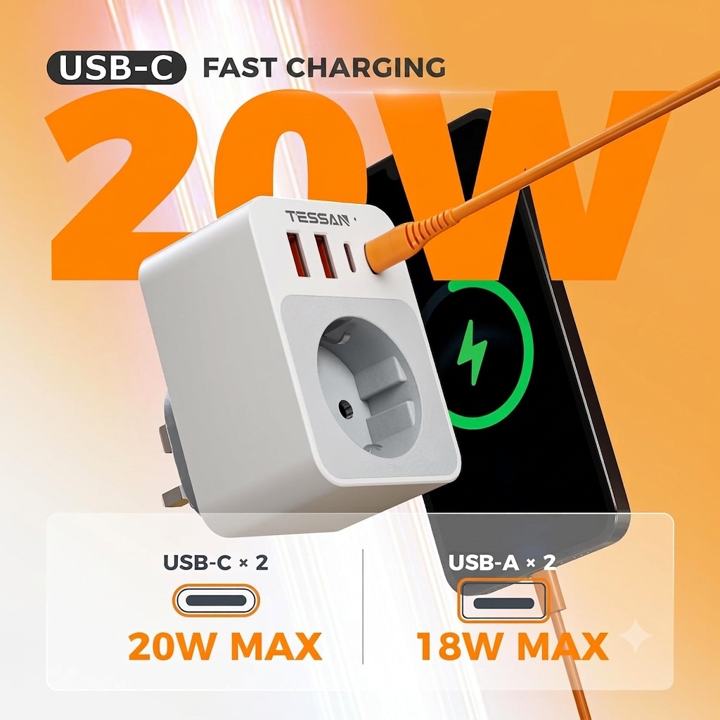 Tessan AC Plug Through 1-Gang 13A Schuko to UK Adaptor & 2xA 2xC 20W TS-TA02DEUK