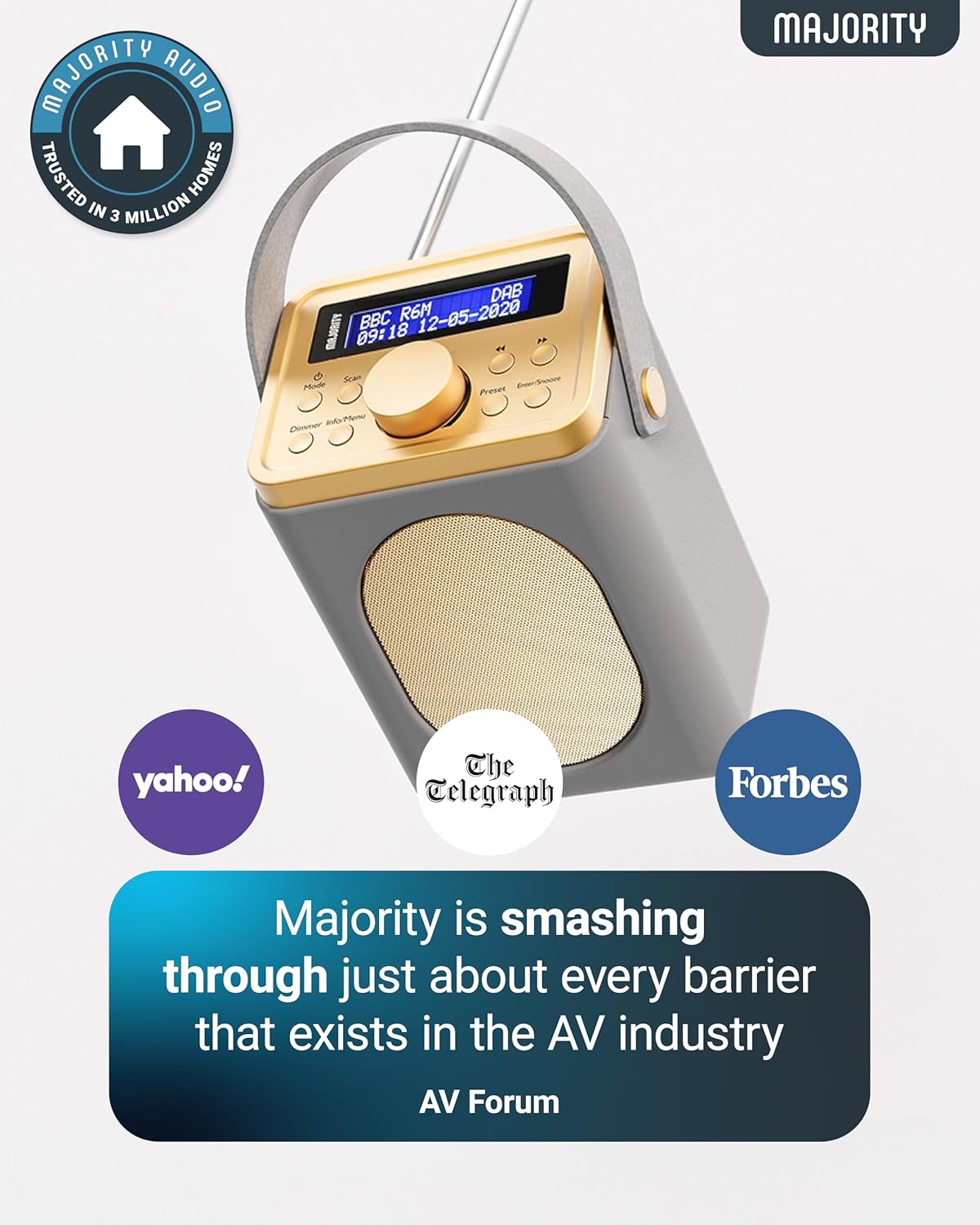 Majority Radio Portable FM,BT,Alarm & Sleep Timer Little Shelford White/Grey