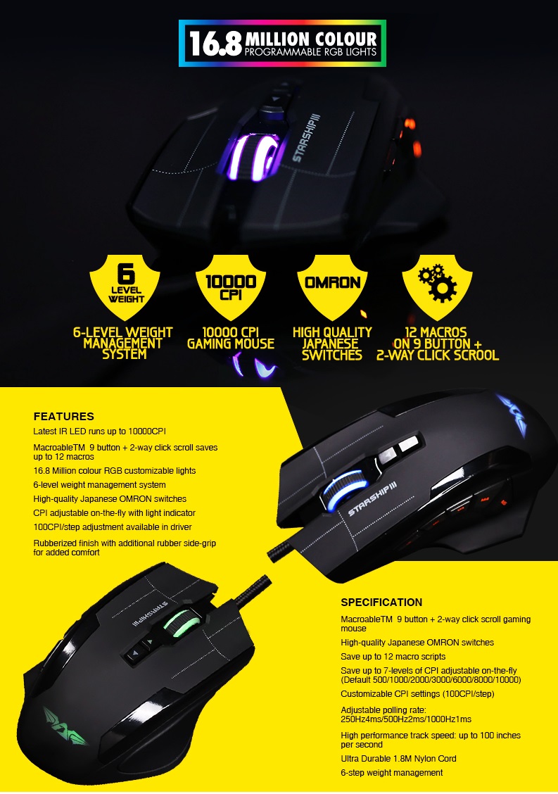 Armaggeddon Starship 3 Soviets Pro-Gaming Mouse 10000CPI Macros RGB Adj.Weight