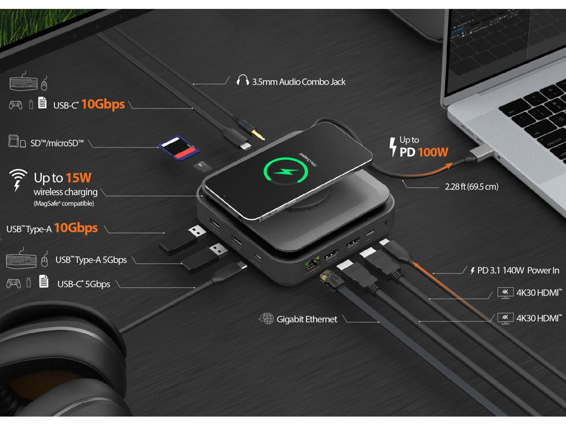 j5create Dock USB-C Dual Display 4K MST MacBookM3 HDMI/RJ45/SD/USB/PD + Wireless Charger + 140W PSU UK JCD3199P