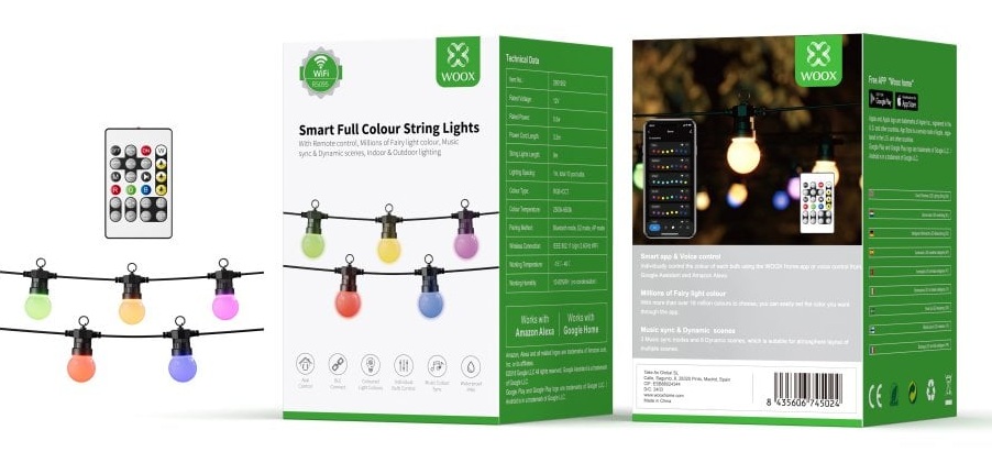 WOOX R5195 Smart LED Decorative String Light Bulbs IP65 RGB & CCT 9.0m Includes Remote Control