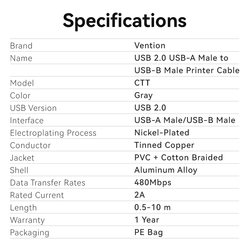 Vention IT Cable USB-A 2.0 to USB-B Printer Braided 3.0m Aluminium Grey CTTHI