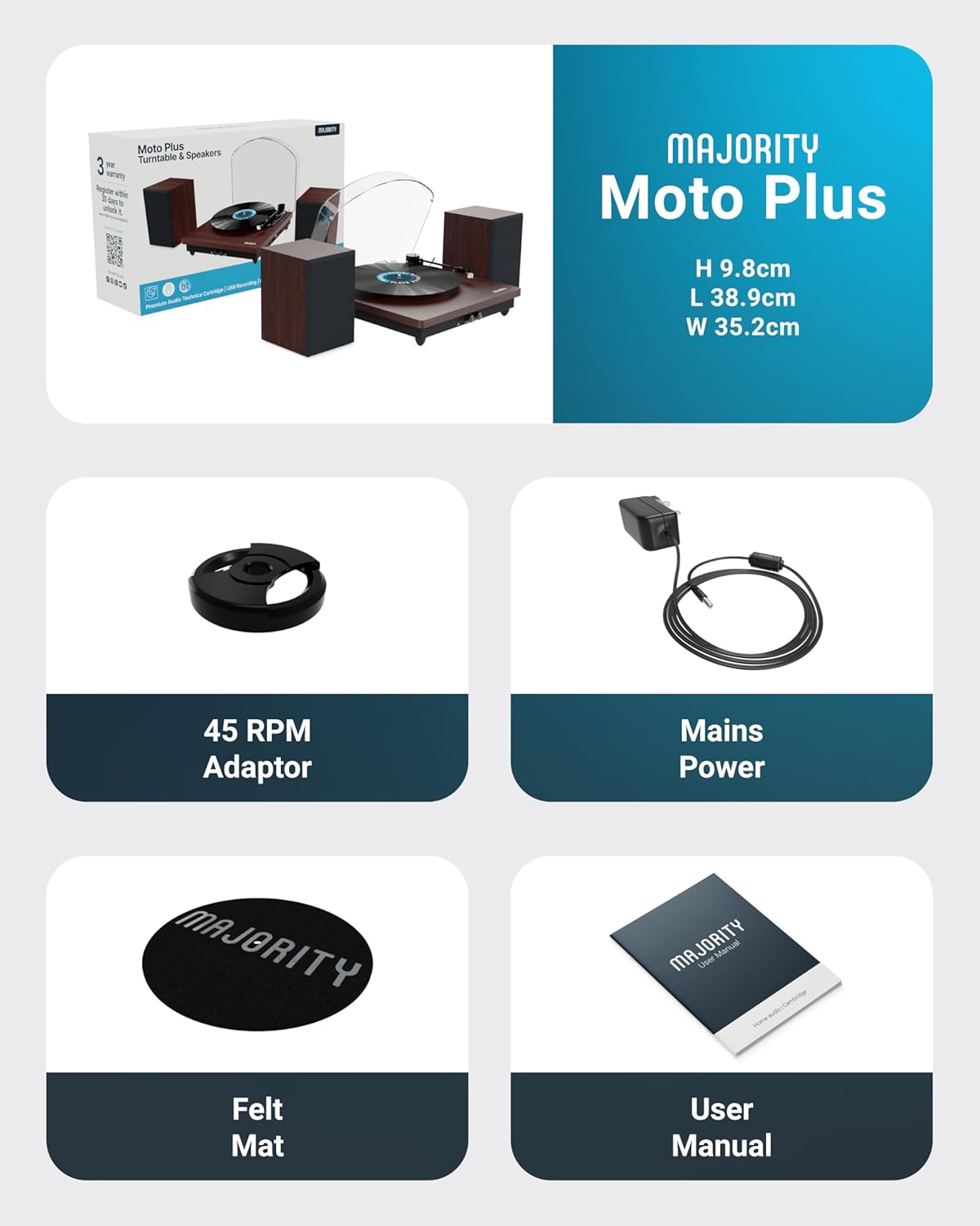 Majority Turntable MOTO PLUS incl 60W Speakers & Audio Technica Cartridge