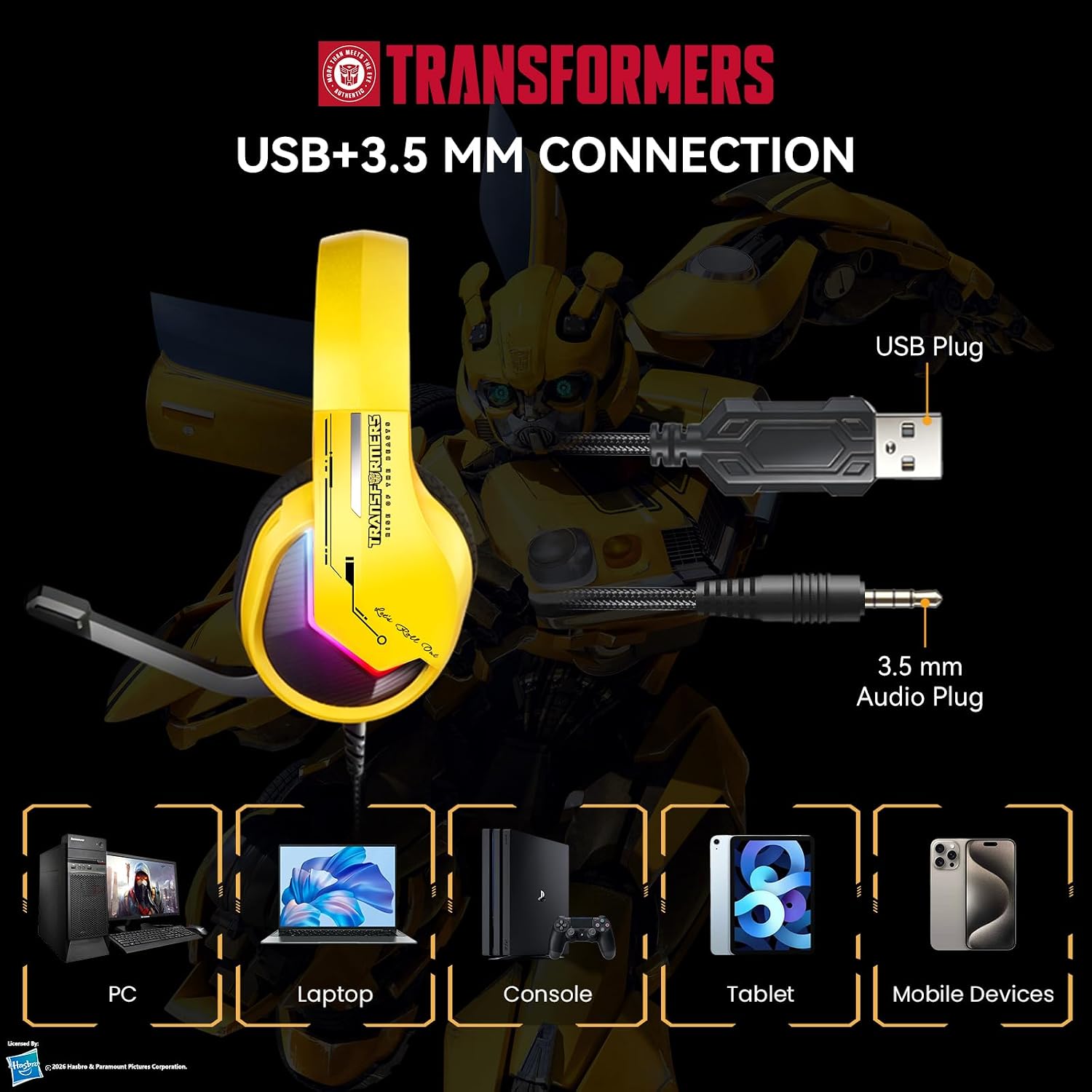 Transformers Wired Gaming Headset, 50MM Drivers, LED Light, Lightweight, 3D Surround Sound TF-G15 Yellow