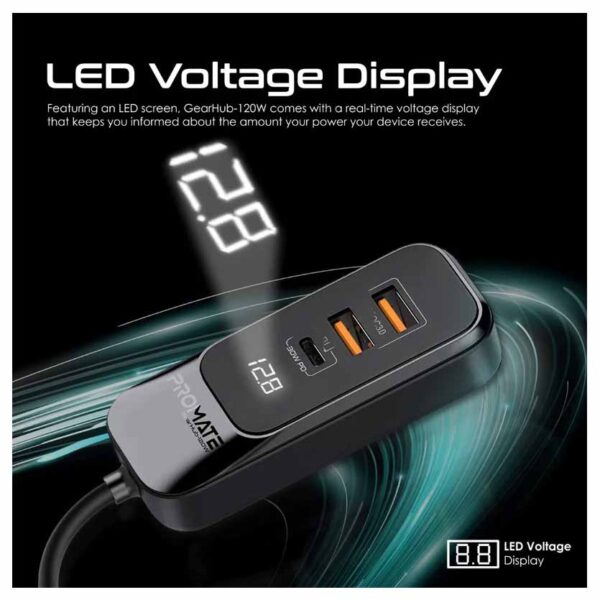 GEARHUB-120W RAPID CAR CHARGER 120W W/MULTI-PORT 1.5m BACKSEAT HUB BLACK PROMATE